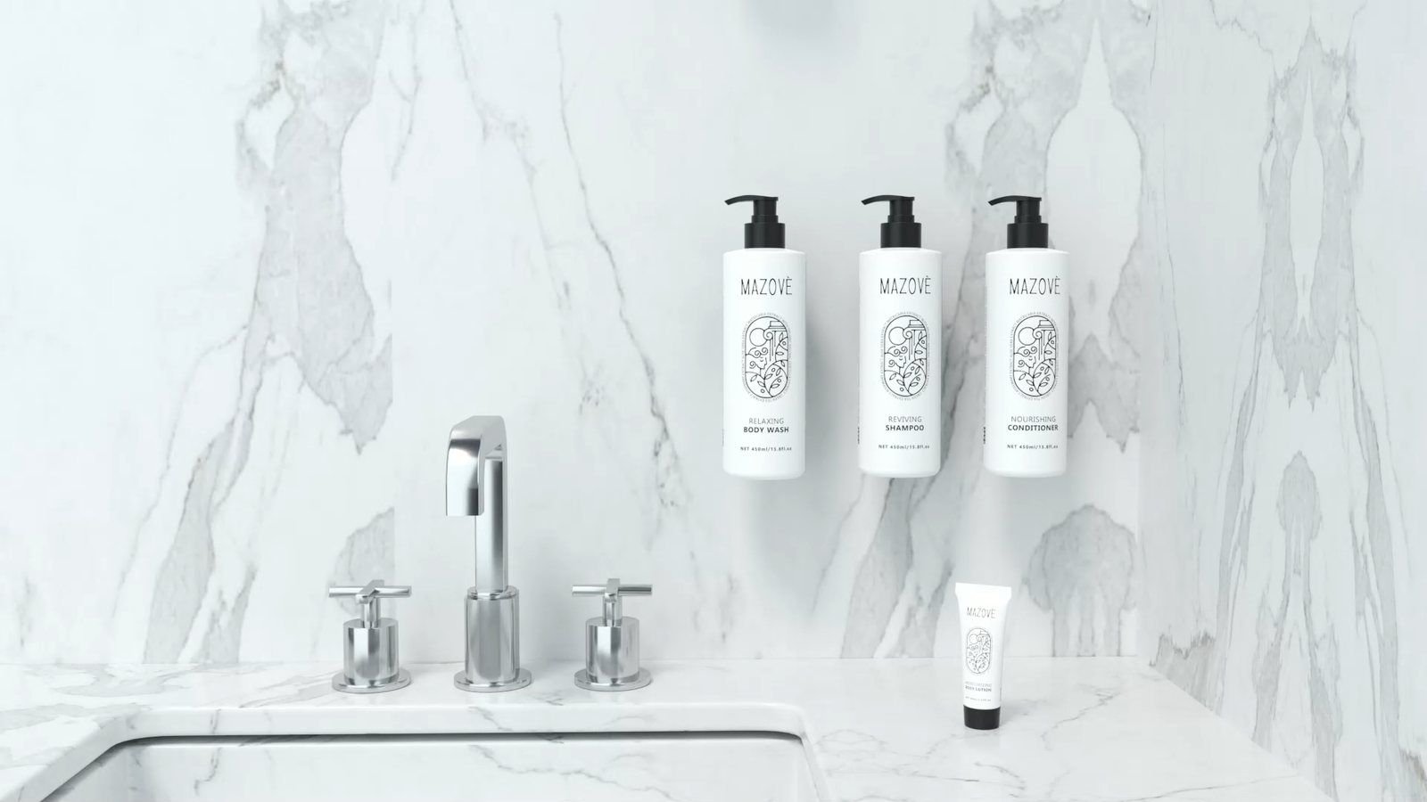 Wall-mounted amenity dispensers beside a marble basin