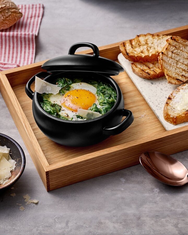 Breakfast tray with eggs and bread